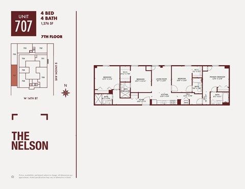 A red and white image of a floor plan for an apartment at The Nelson.